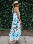 the BAGGY BOHO - Stylish Tie-Dye Knitted Dress with a Relaxed Vacation Vibe, Featuring Thin Straps, V-Neck, Pockets and Loose Long Design for Women's Casual Wear