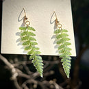 the FERNGULLY - Handcrafted Real Dried Leaf Resin Earrings - Bohemian Style Green Fern Leaf Design with Golden Hook, Unique Handmade Jewelry for Women, Perfect for Casual Attire or Parties, All-Season Accessory