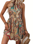 the DESERT BOHO - Women's Paisley Print Halter Dress with Adjustable Drawstring Neckline, Off-Shoulder Design, Vibrant Teal Blue & Beige Floral Print Pattern, Lightweight Polyester Fabric, Perfect for Spring/Summer Vacations, Cute Dresses
