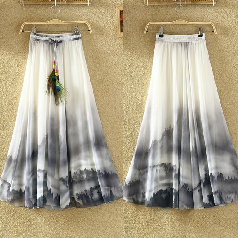 the BOHO FEATHER - Flower Print Feather Drawstring Elastic Waist Maxi Midi Skirt