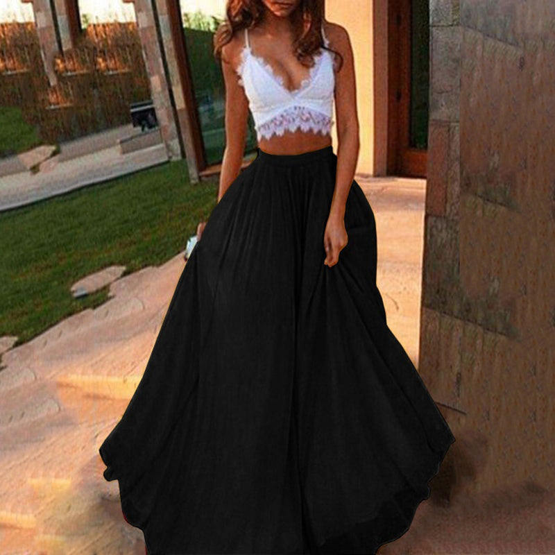 the CHIFFON - Solid Color Chiffon Elastic Waist Party Double Swing Long Skirt