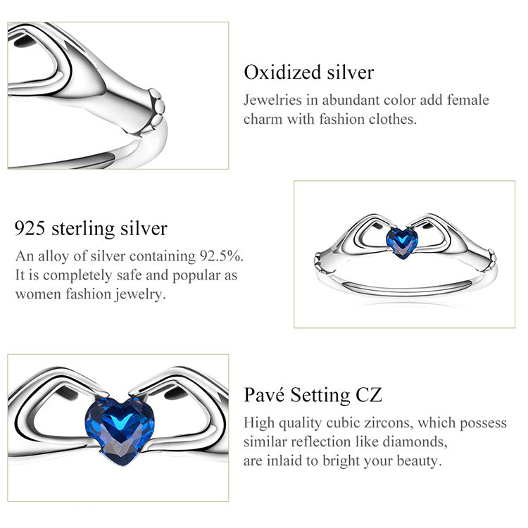 the HANDS OF LOVE RING - 925 Sterling Silver Love with Hands Eternal Heart Blue Gem Rings