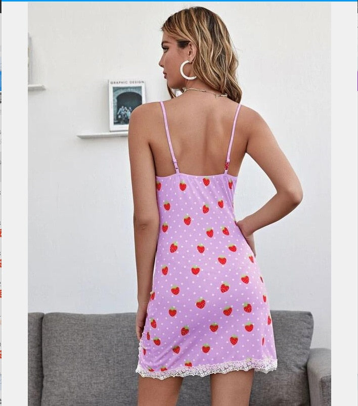 the SASSY STRAWBERRY - Strawberry Print Spaghetti Strap Sleeveless Lace Dress