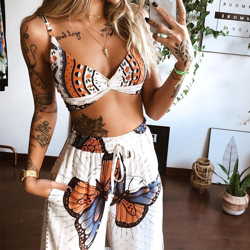 the BOHO BABE - 2 Piece Set Tracksuit Boho Print Sexy Sleeveless Crop Top