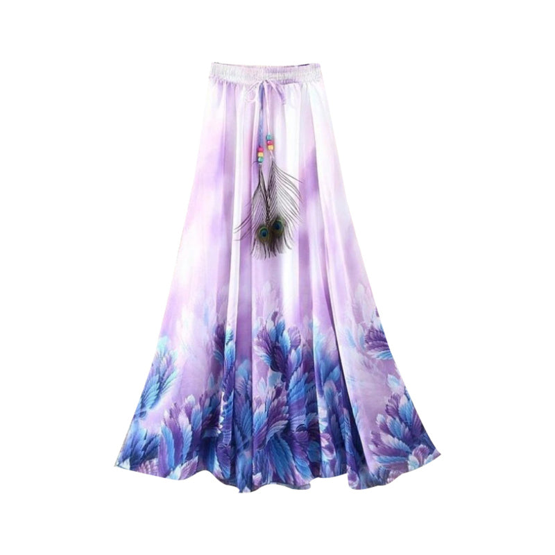 the BOHO FEATHER - Flower Print Feather Drawstring Elastic Waist Maxi Midi Skirt