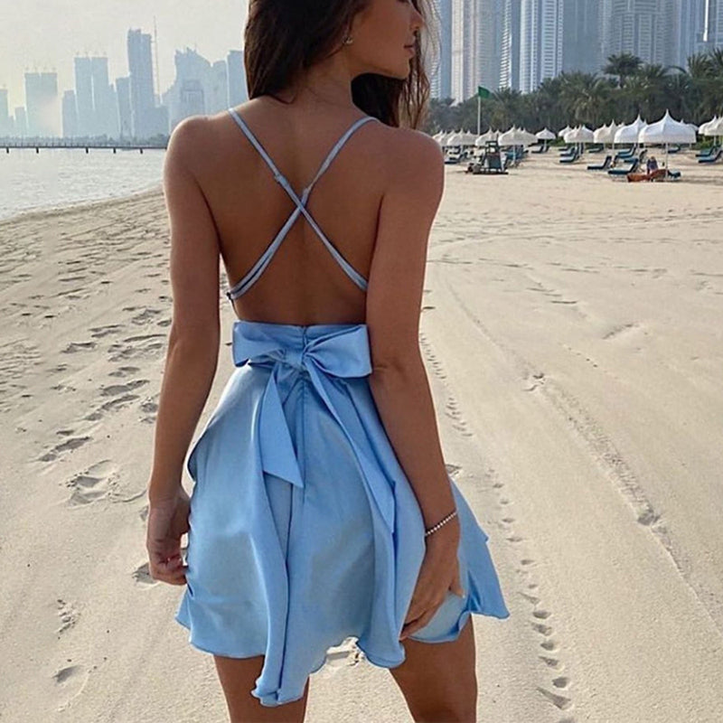 the BOW-TIE  - Solid Color V Neck Bow Suspender Sleeveless Bandage Slim Dress