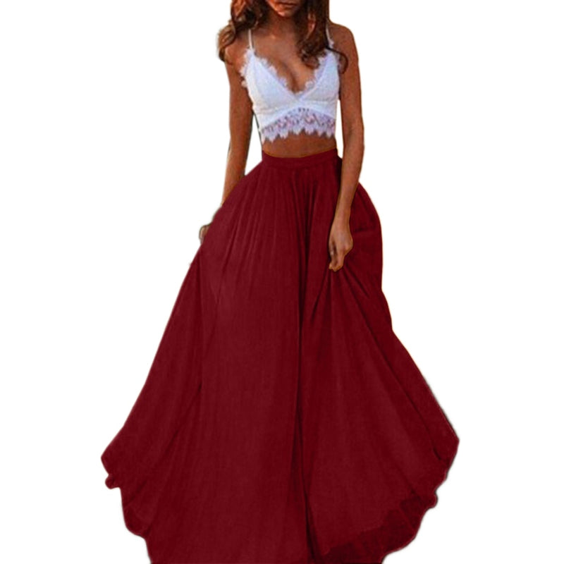 the CHIFFON - Solid Color Chiffon Elastic Waist Party Double Swing Long Skirt