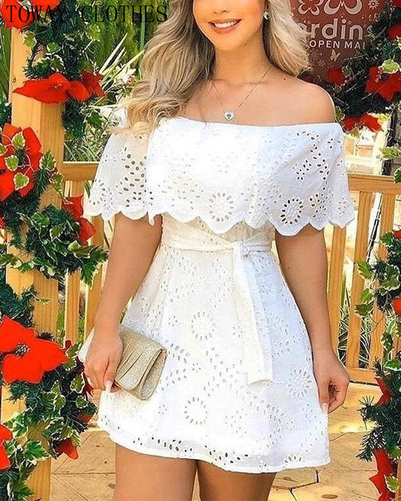 the DAINTY DOILY - Off Shoulder Solid Hole Lace Mini Dress