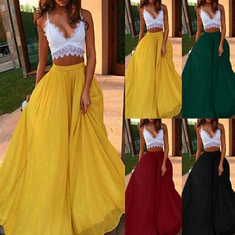 the CHIFFON - Solid Color Chiffon Elastic Waist Party Double Swing Long Skirt