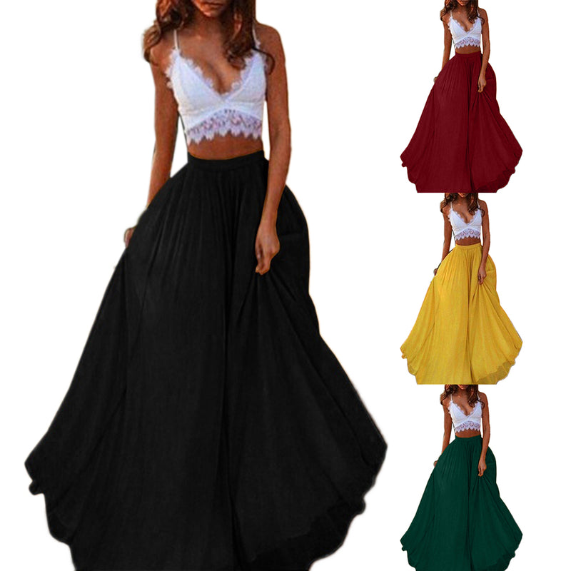 the CHIFFON - Solid Color Chiffon Elastic Waist Party Double Swing Long Skirt