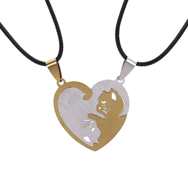 the CAT LOVERS - Stainless Steel Pet Cat Kitty Love Heart Pendant Puzzle Matching Necklace