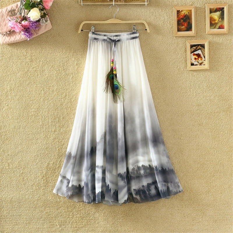 the BOHO FEATHER - Flower Print Feather Drawstring Elastic Waist Maxi Midi Skirt