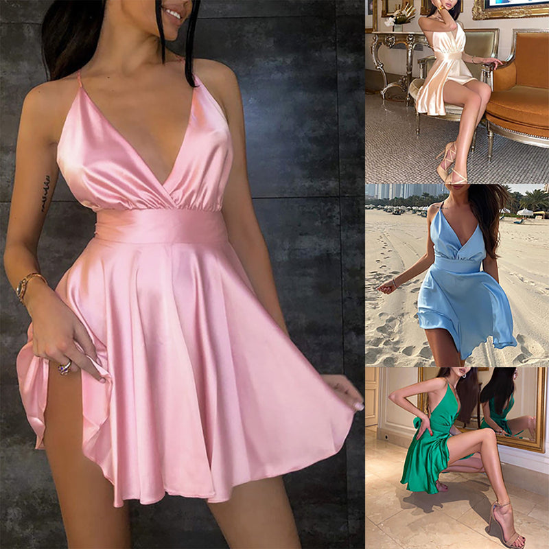 the BOW-TIE  - Solid Color V Neck Bow Suspender Sleeveless Bandage Slim Dress