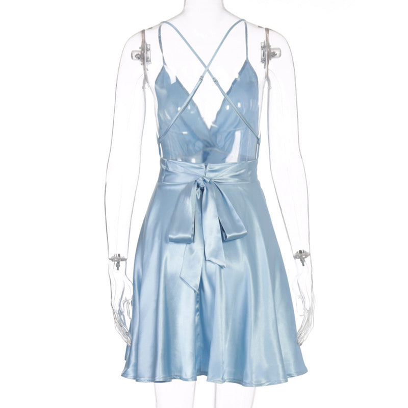 the BOW-TIE  - Solid Color V Neck Bow Suspender Sleeveless Bandage Slim Dress