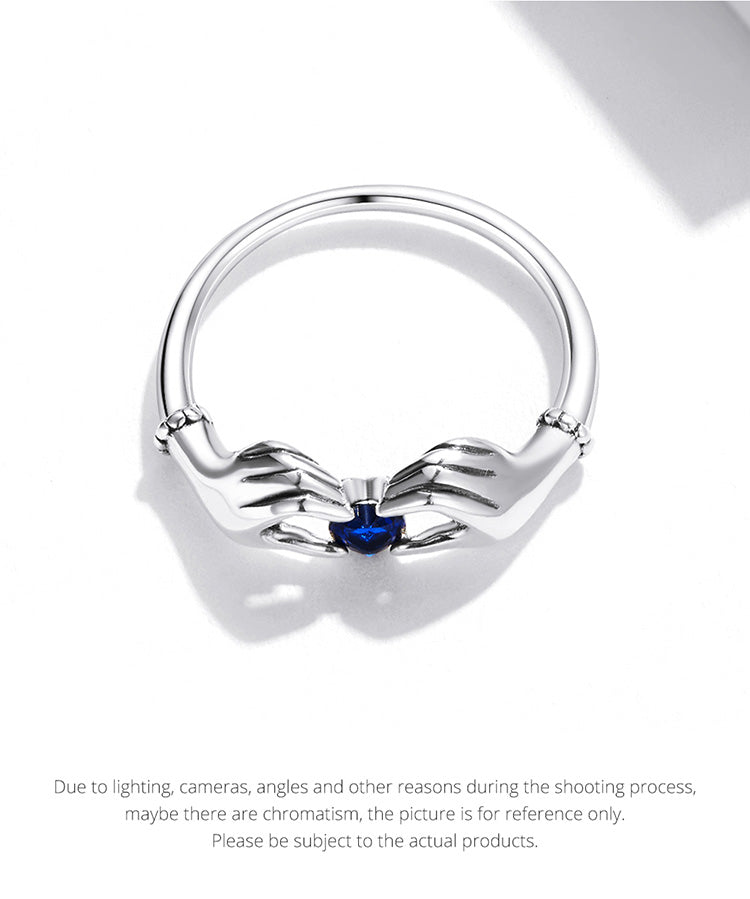 the HANDS OF LOVE RING - 925 Sterling Silver Love with Hands Eternal Heart Blue Gem Rings