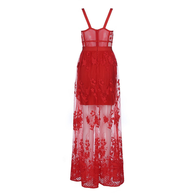 the RED MADONNA - Red Lace Spaghetti Strap Sleeveless Mesh Hollow-Out Bandage Dress