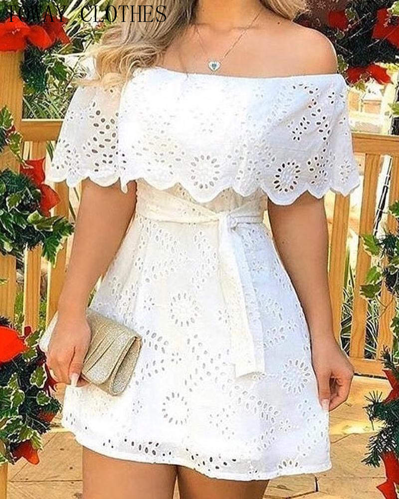 the DAINTY DOILY - Off Shoulder Solid Hole Lace Mini Dress