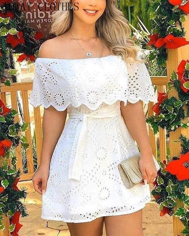 the DAINTY DOILY - Off Shoulder Solid Hole Lace Mini Dress