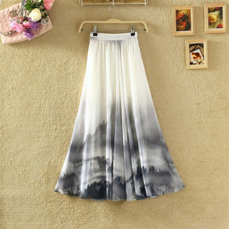 the BOHO FEATHER - Flower Print Feather Drawstring Elastic Waist Maxi Midi Skirt