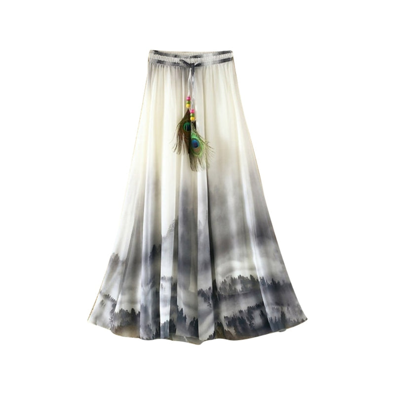 the BOHO FEATHER - Flower Print Feather Drawstring Elastic Waist Maxi Midi Skirt