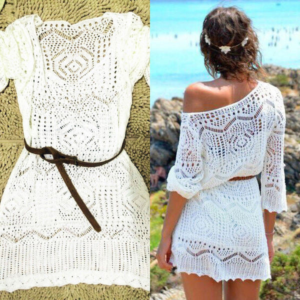 the LINEN & LACE - Boho Half Sleeve White Hollow-Out Sexy Mini Dress