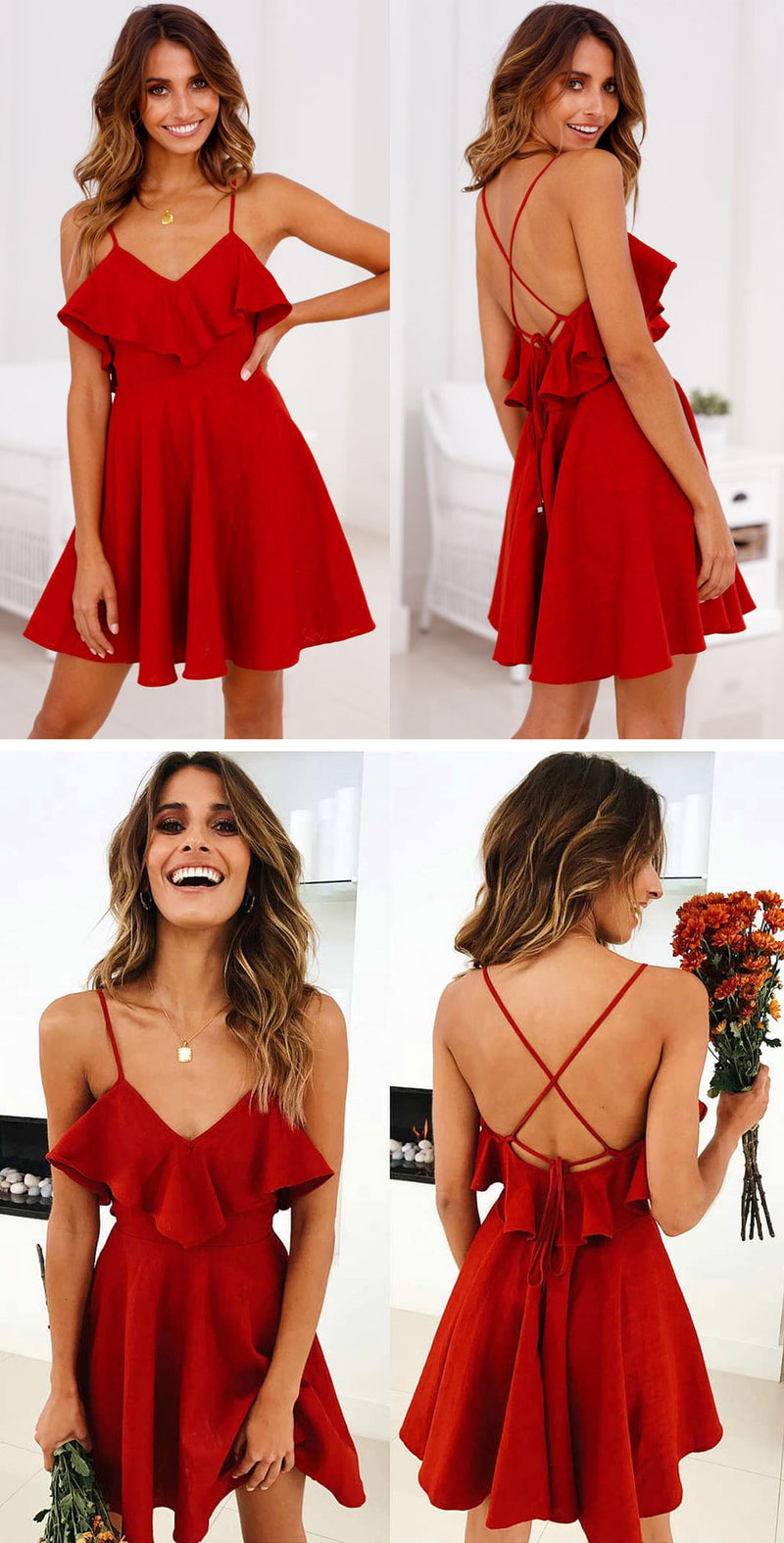 the RUFFLE TWIRL - Ruffles V Neck Red Mini Dress