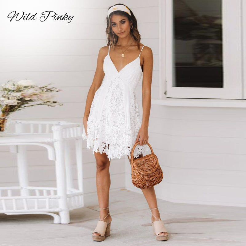 the SENSE & SENSIBILITY - White Dress Women Spaghetti Strap Lace Mini Dress