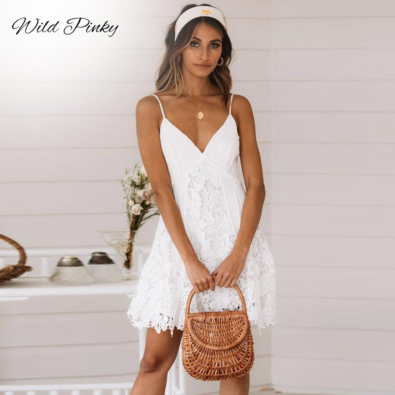 the SENSE & SENSIBILITY - White Dress Women Spaghetti Strap Lace Mini Dress