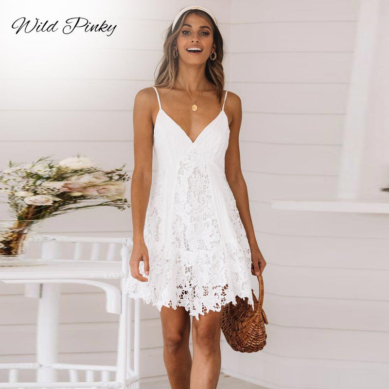 the SENSE & SENSIBILITY - White Dress Women Spaghetti Strap Lace Mini Dress