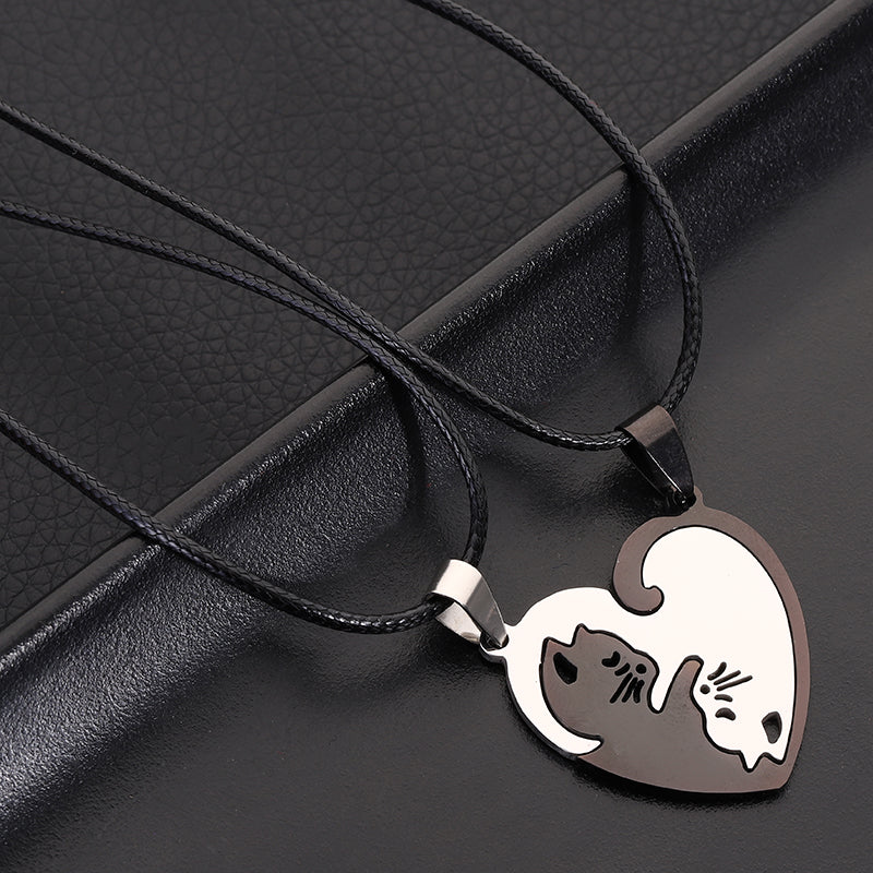 the CAT LOVERS - Stainless Steel Pet Cat Kitty Love Heart Pendant Puzzle Matching Necklace