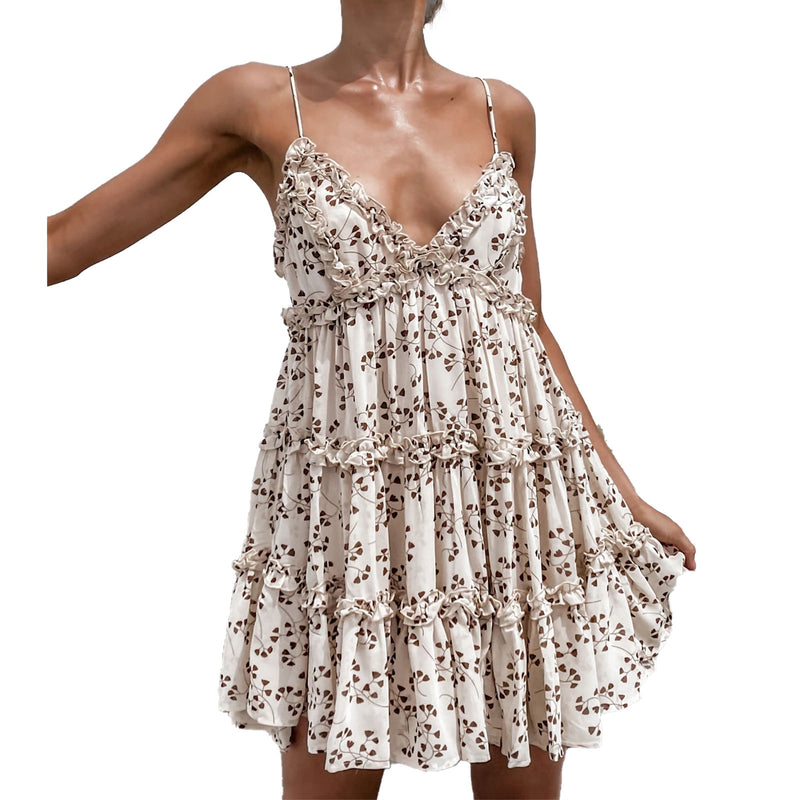 the BABYDOLL RUFFLE - Sexy V Neck Backless Floral Print Ruffle Trim Mini Dress