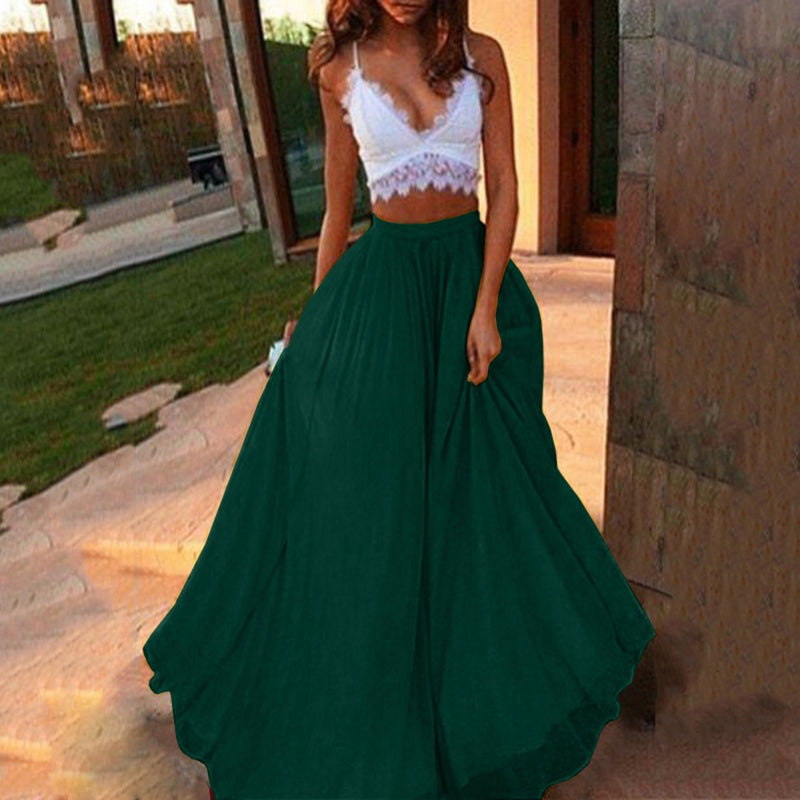 the CHIFFON - Solid Color Chiffon Elastic Waist Party Double Swing Long Skirt