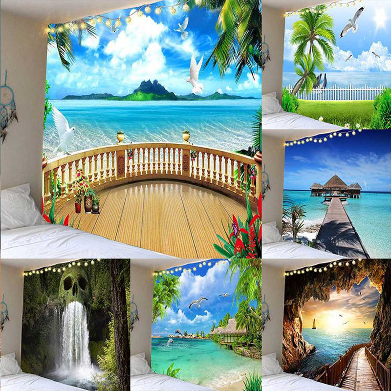 the FANTASY ISLAND - Beautiful Cave Waterfall Print Tapestry Beach Landscape Wall Hippie