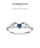 the HANDS OF LOVE RING - 925 Sterling Silver Love with Hands Eternal Heart Blue Gem Rings