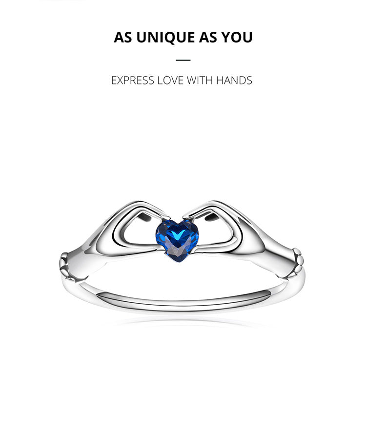 the HANDS OF LOVE RING - 925 Sterling Silver Love with Hands Eternal Heart Blue Gem Rings