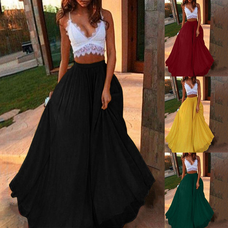 the CHIFFON - Solid Color Chiffon Elastic Waist Party Double Swing Long Skirt