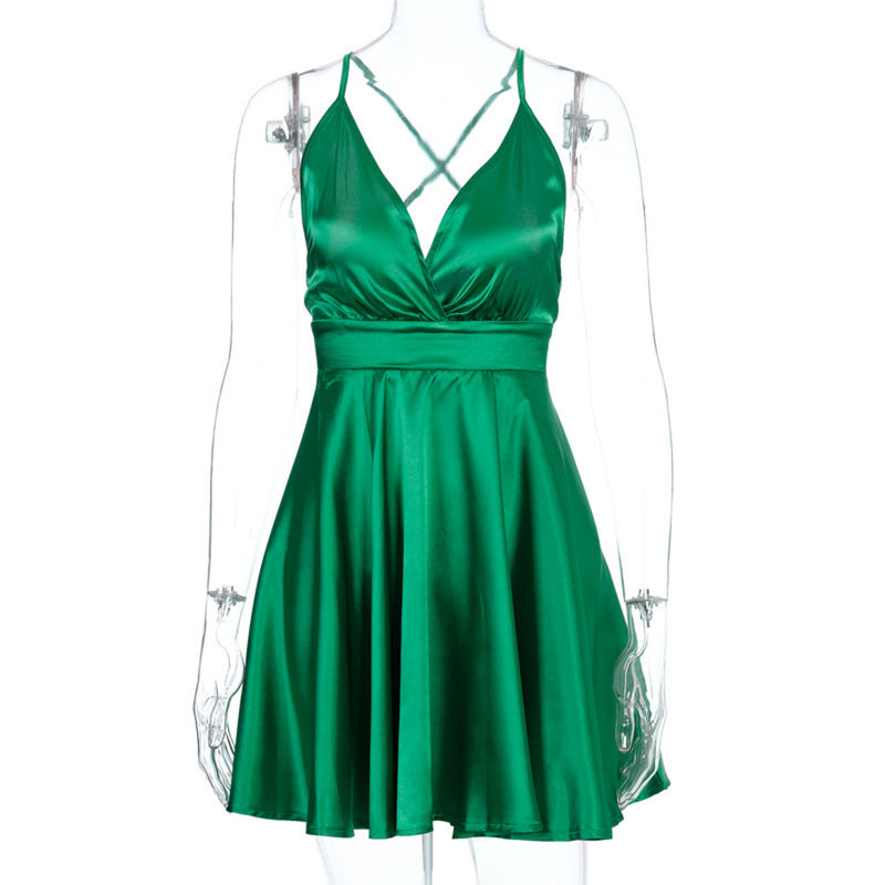 the BOW-TIE  - Solid Color V Neck Bow Suspender Sleeveless Bandage Slim Dress