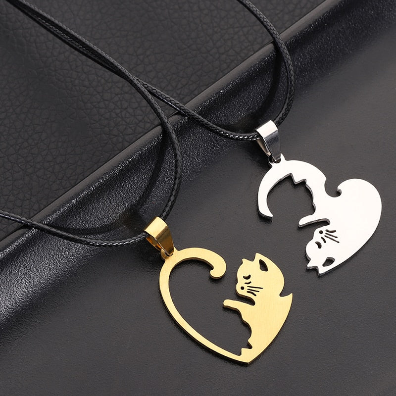 the CAT LOVERS - Stainless Steel Pet Cat Kitty Love Heart Pendant Puzzle Matching Necklace