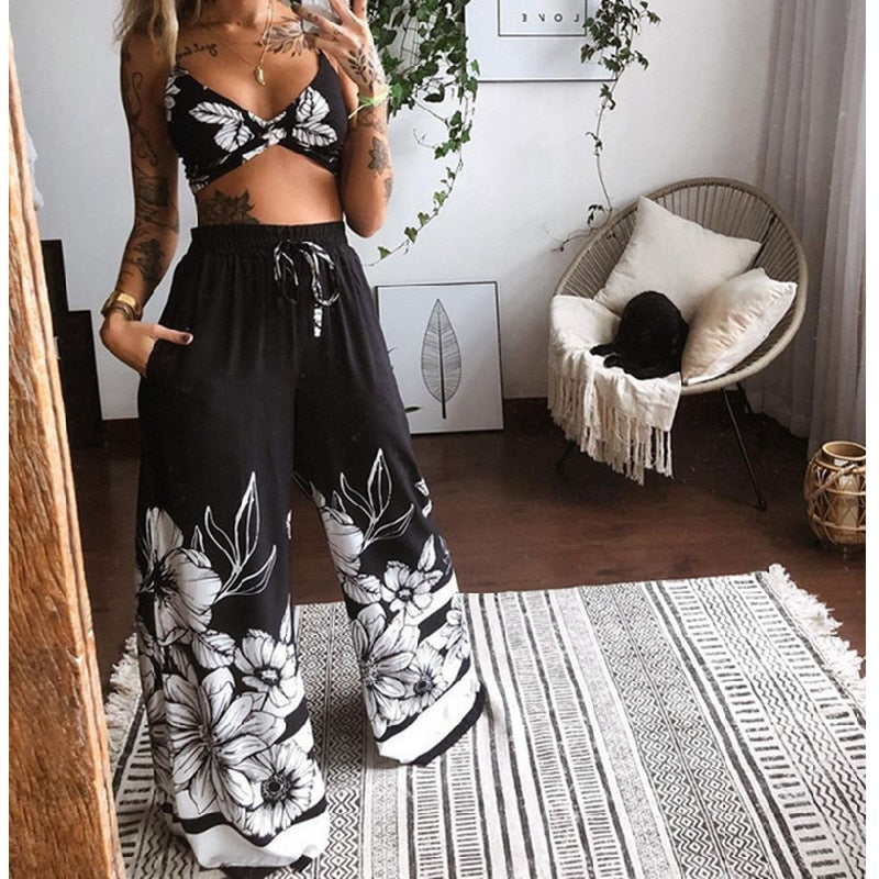 the BOHO BABE - 2 Piece Set Tracksuit Boho Print Sexy Sleeveless Crop Top