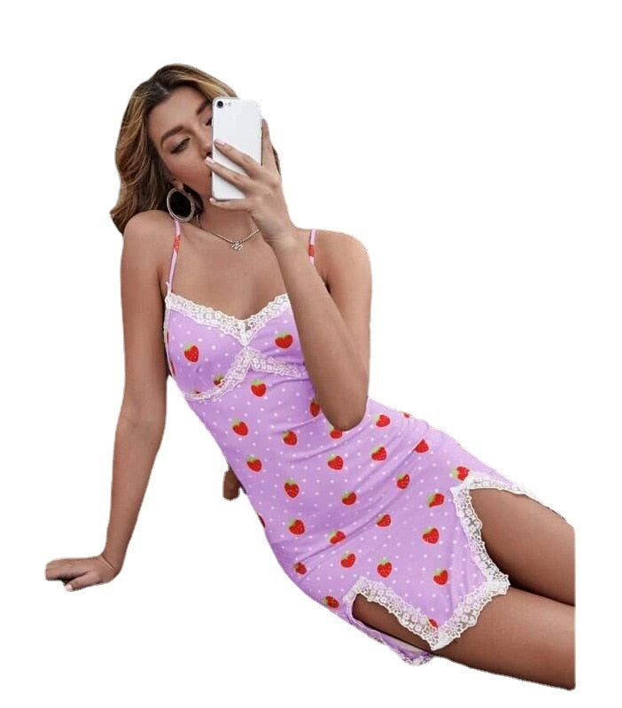 the SASSY STRAWBERRY - Strawberry Print Spaghetti Strap Sleeveless Lace Dress