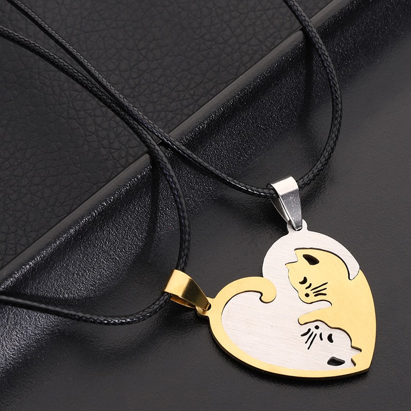 the CAT LOVERS - Stainless Steel Pet Cat Kitty Love Heart Pendant Puzzle Matching Necklace