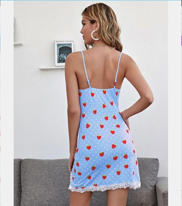 the SASSY STRAWBERRY - Strawberry Print Spaghetti Strap Sleeveless Lace Dress