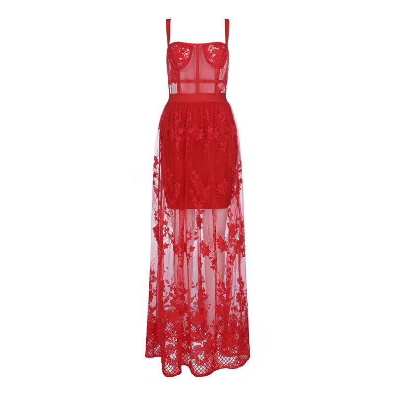 the RED MADONNA - Red Lace Spaghetti Strap Sleeveless Mesh Hollow-Out Bandage Dress