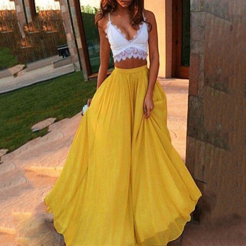 the CHIFFON - Solid Color Chiffon Elastic Waist Party Double Swing Long Skirt