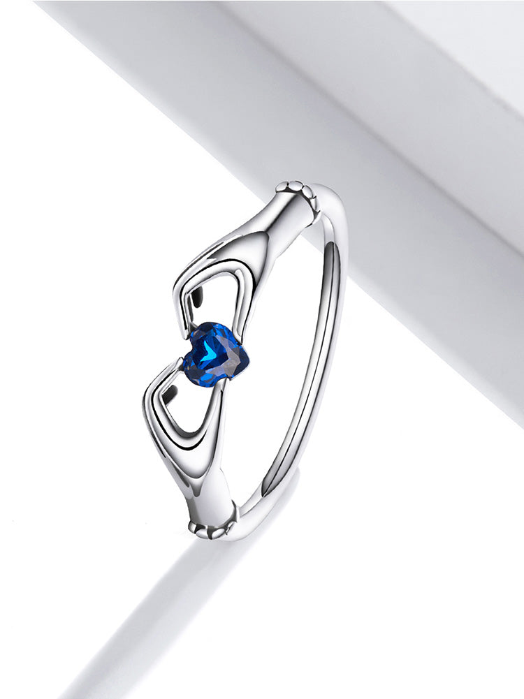 the HANDS OF LOVE RING - 925 Sterling Silver Love with Hands Eternal Heart Blue Gem Rings