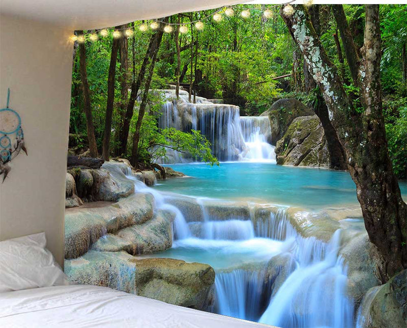 the FANTASY ISLAND - Beautiful Cave Waterfall Print Tapestry Beach Landscape Wall Hippie