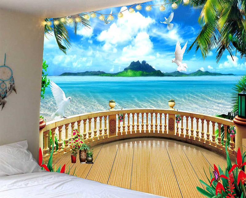 the FANTASY ISLAND - Beautiful Cave Waterfall Print Tapestry Beach Landscape Wall Hippie