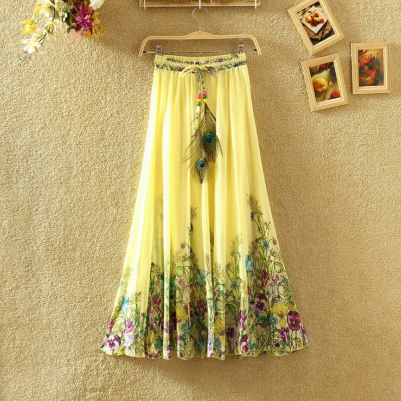 the BOHO FEATHER - Flower Print Feather Drawstring Elastic Waist Maxi Midi Skirt