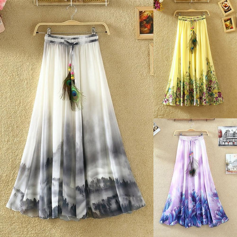 the BOHO FEATHER - Flower Print Feather Drawstring Elastic Waist Maxi Midi Skirt