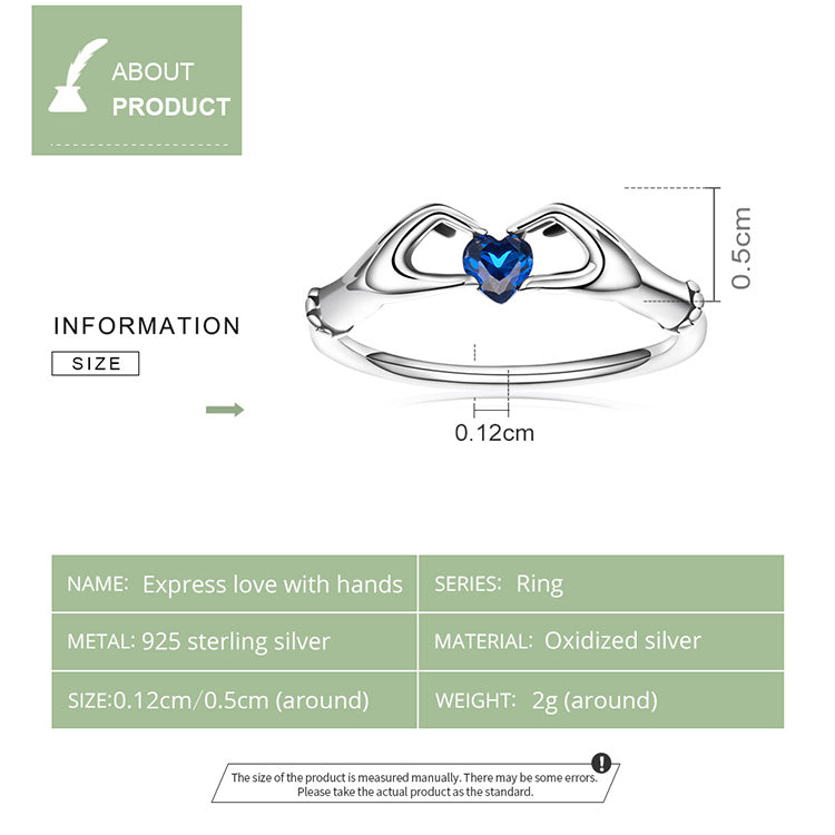 the HANDS OF LOVE RING - 925 Sterling Silver Love with Hands Eternal Heart Blue Gem Rings